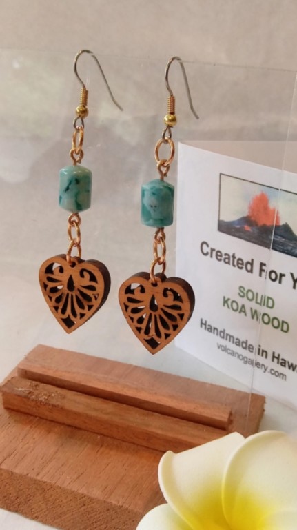 Koa Wood Heart & Ocean Jasper Earrings