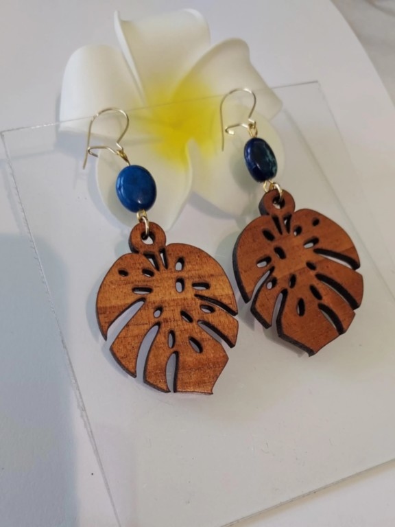 Koa Wood Monstera Earrings